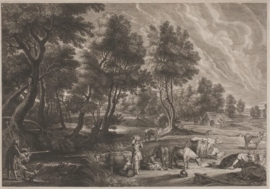 Farm Landscape with Hunters and Milkmaids by Schelte Adams Bolswert