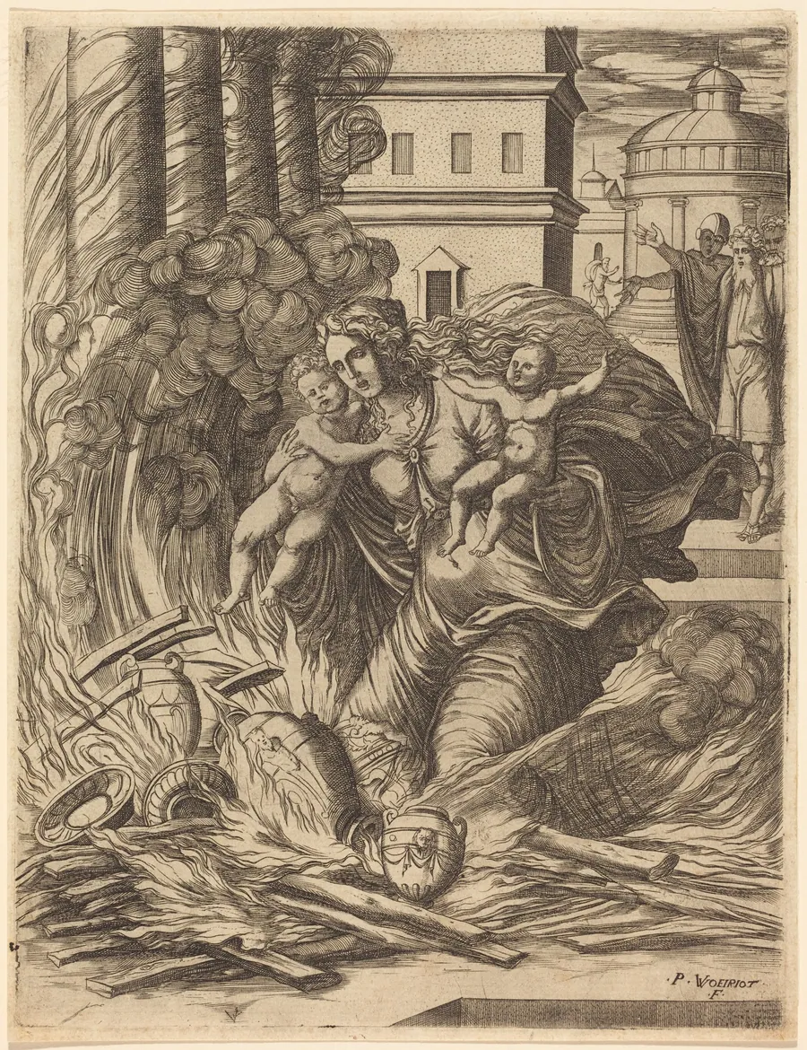 The Wife of Hasdrubal Throws Herself on the Fire by Pierre II Woeiriot de Bouzey