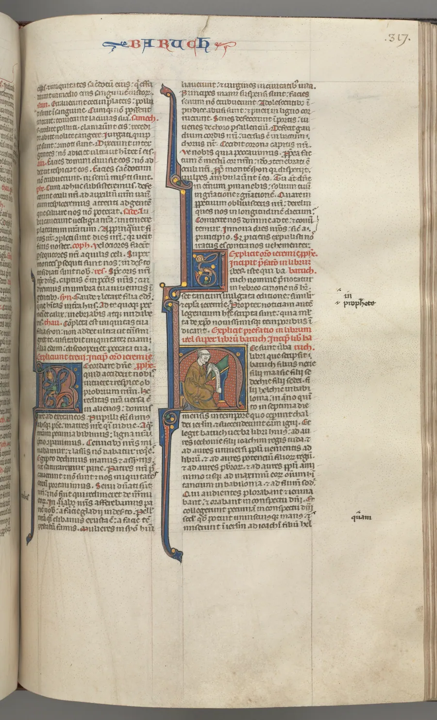 Fol. 317r, Baruch, historiated initial H, Baruch seated at a desk writing on a scroll