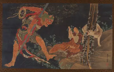 A Priest (Kōbō Daishi) practicing the Tantra, a demon before him, and a wolf behind