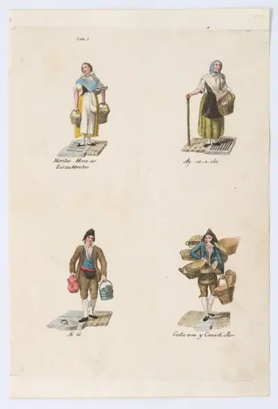 Plate 1: four street vendors from Madrid selling blueberries, onions, tea, and baskets, from 'Los Gritos de Madrid' (The Cries of Madrid)