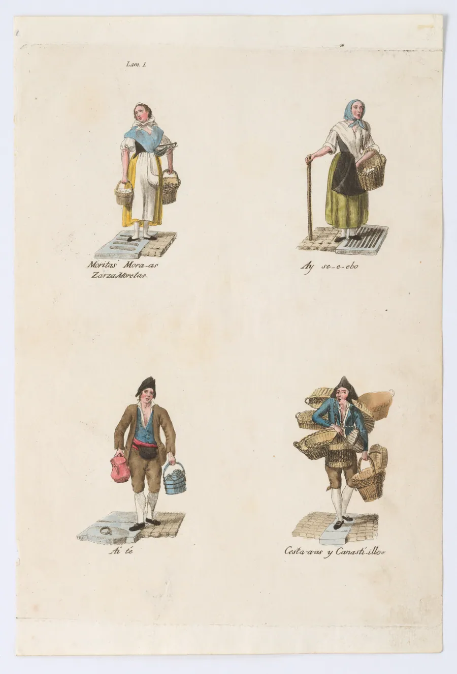 Plate 1: four street vendors from Madrid selling blueberries, onions, tea, and baskets, from 'Los Gritos de Madrid' (The Cries of Madrid) by Imprenta Real, Madrid