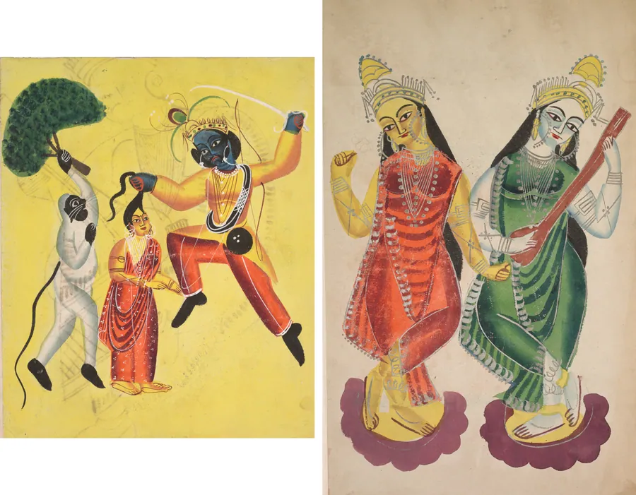 Leaf from a Kalighat album: Hanuman attacks Indrajit holding an apparition of Sita by the hair (recto); Goddesses Lakshmi and Sarasvati (verso)