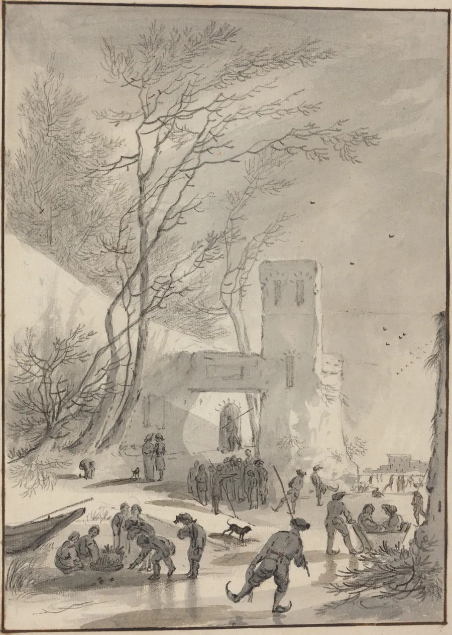 Skaters Outside a City Wall by Hendrik van der Straaten