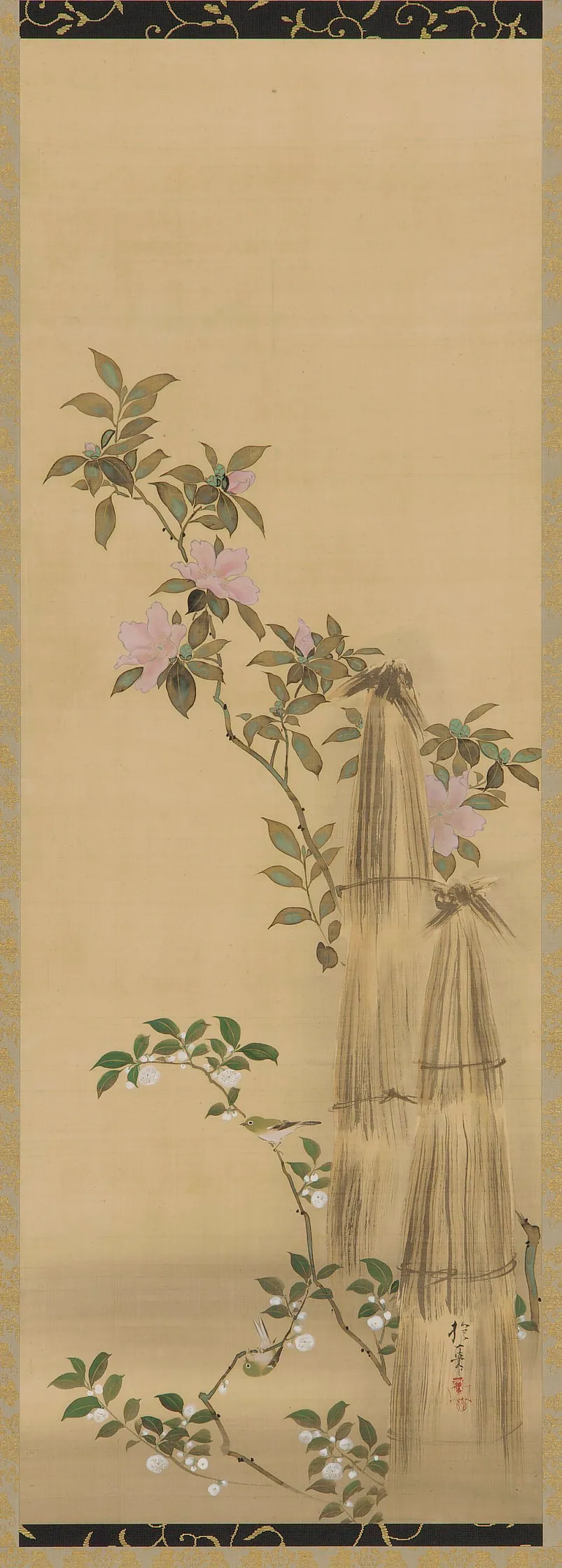 Pink and white flowers and straw coverings by Sakai Hoitsu 酒井抱一 (1761-1828)