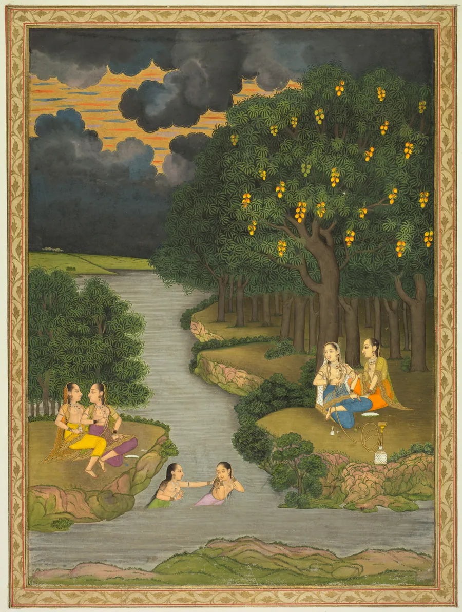 Women enjoying the river at the forest’s edge (recto) and flowering marigold (verso) by Hunhar II