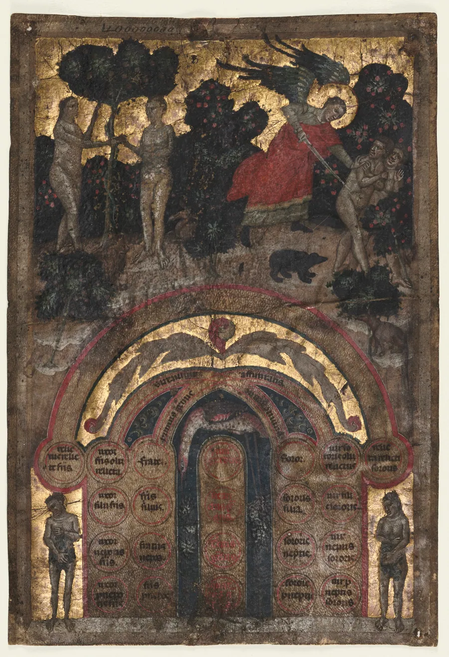 Leaf from a Volume of Johannes Andrea's "Lectura super arboris consanguinitatis et affinitatis: Table of Affinity" by Master of the Register of 1328
