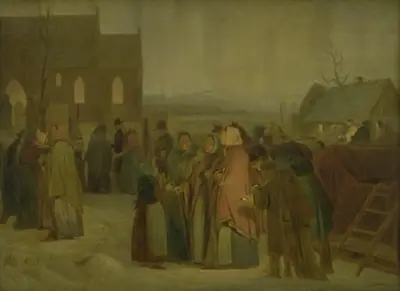 Julemorgen. Bønder uden for en kirke