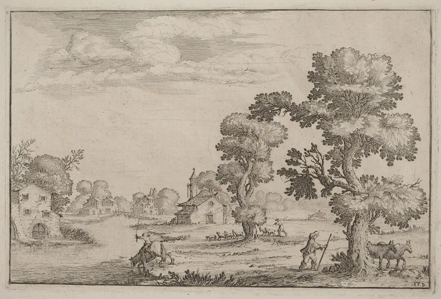 Lakeside Village with Herdsmen by Ercole Bazicaluva