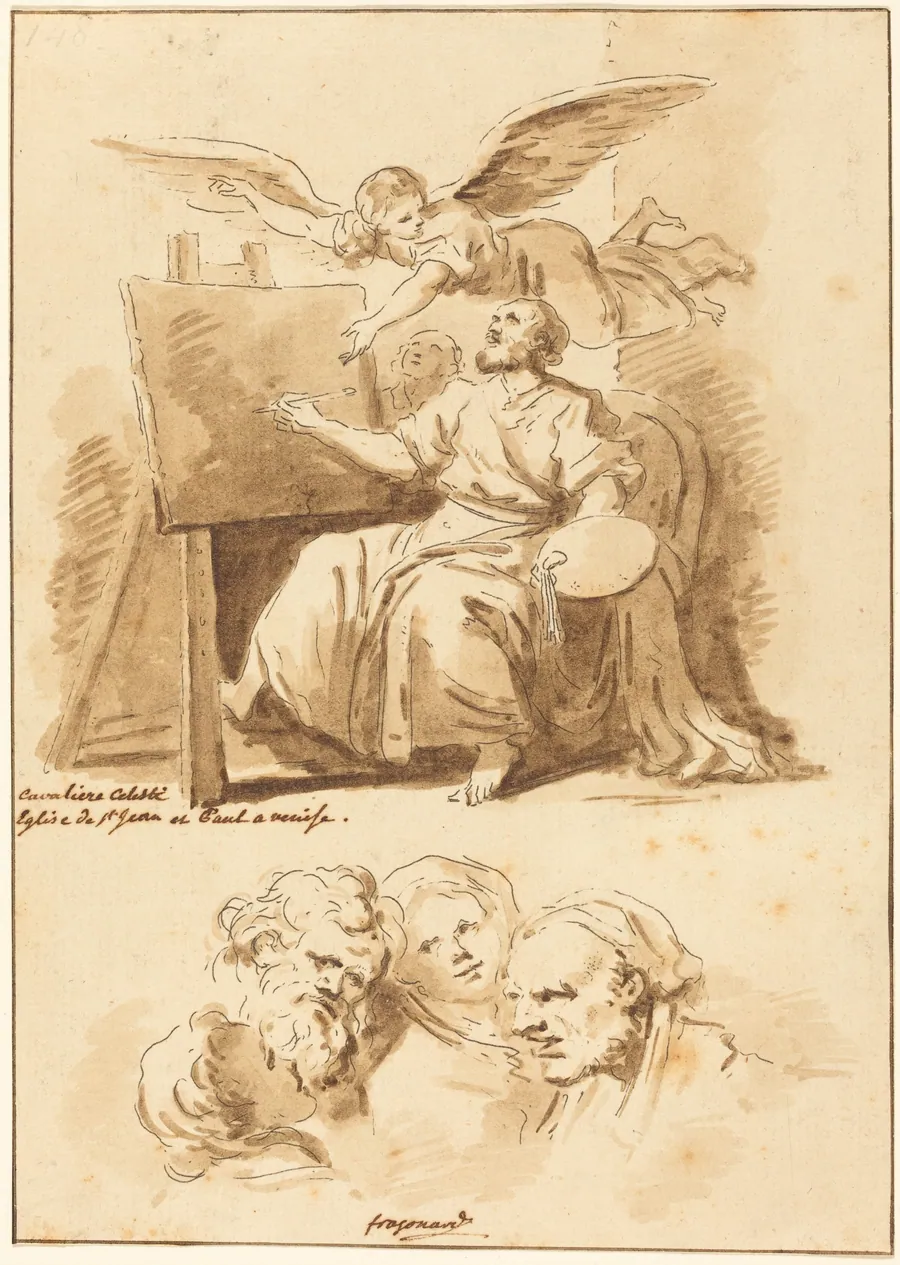 Saint Luke at His Easel and Four Expressive Heads by Jean-Claude-Richard, Abbé de Saint-Non