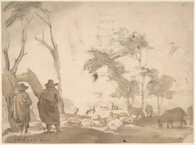 Landscape with Sheep and Two Figures (recto); Faint Sketch of a Figure with a Hat (verso)