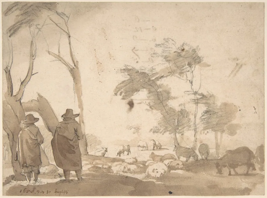 Landscape with Sheep and Two Figures (recto); Faint Sketch of a Figure with a Hat (verso) by Jacob van der Does
