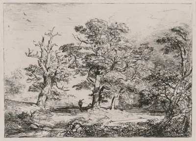 Two Hunters and a Stream at Forest Edge