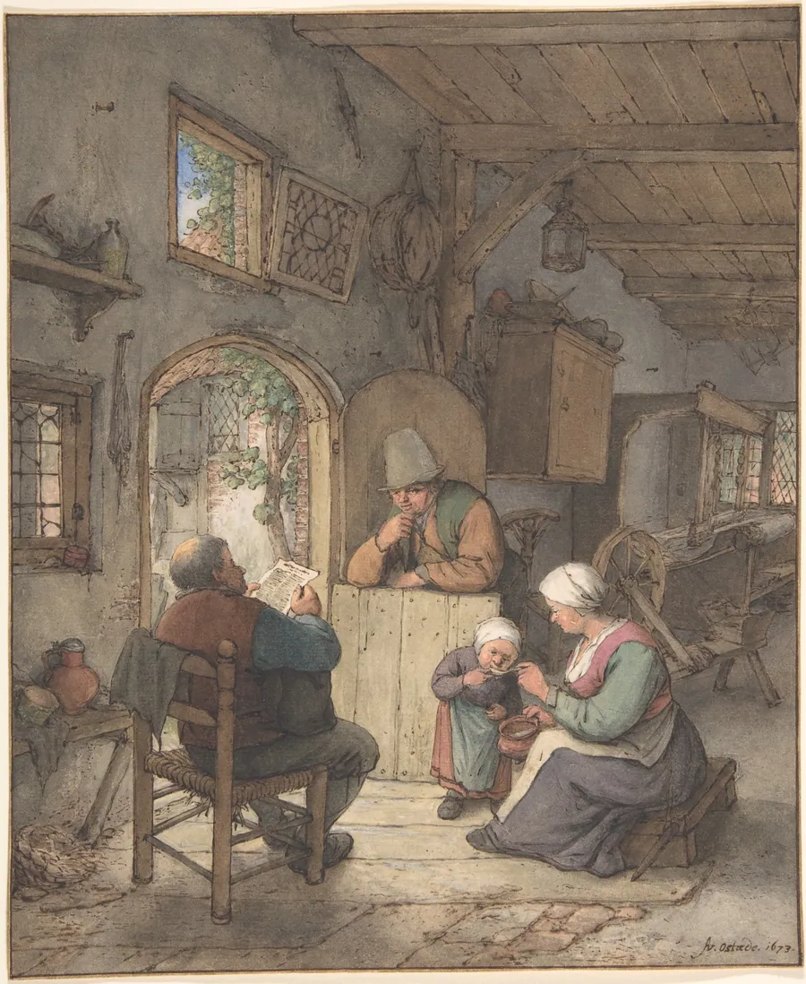 Reading the News at the Weavers' Cottage by Adriaen van Ostade