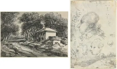 Landscape with Cottage (recto); Studies of Heads (verso)