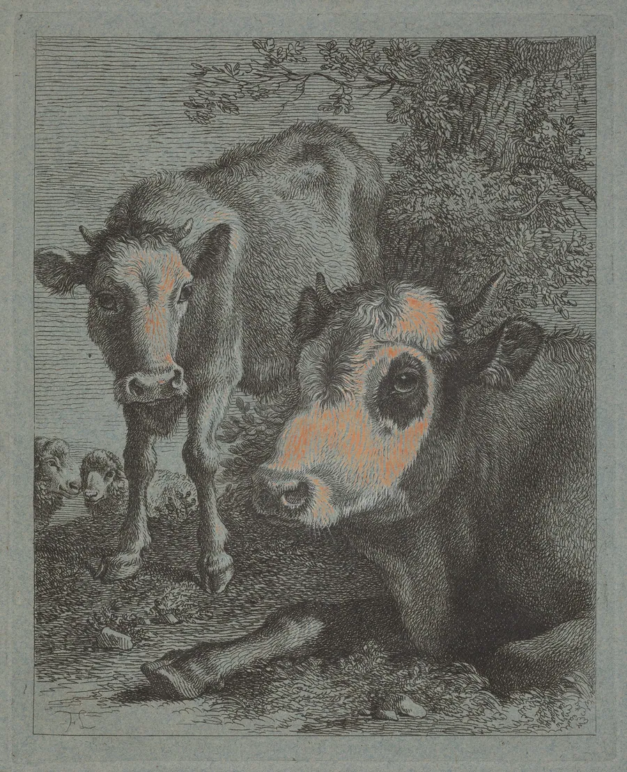 Reclining Cow and Calf in the Open by Francesco Londonio