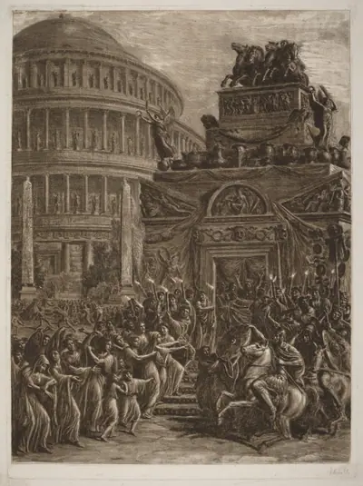 The Body of Hadrian Laying in State next to His Mausoleum