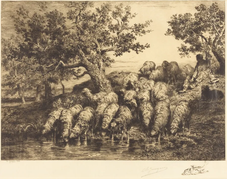 Sheep at the Watering Place (Abreuvoir aux moutons) by Charles Émile Jacque