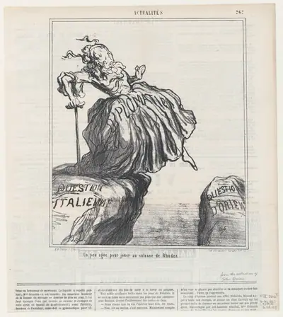 A bit too old to play "Colossus of Rhodes," from 'News of the day,' published in Le Charivari, December 10, 1867