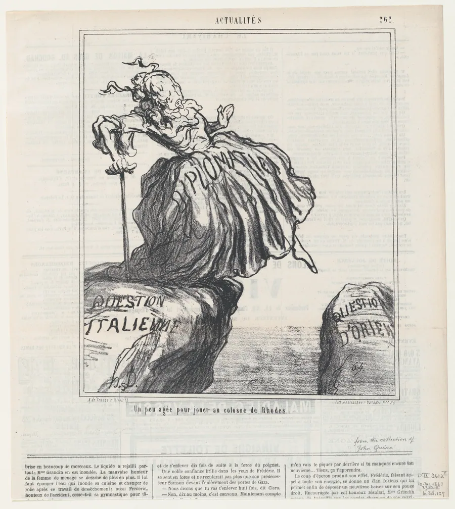 A bit too old to play "Colossus of Rhodes," from 'News of the day,' published in Le Charivari, December 10, 1867 by Arnaud de Vresse