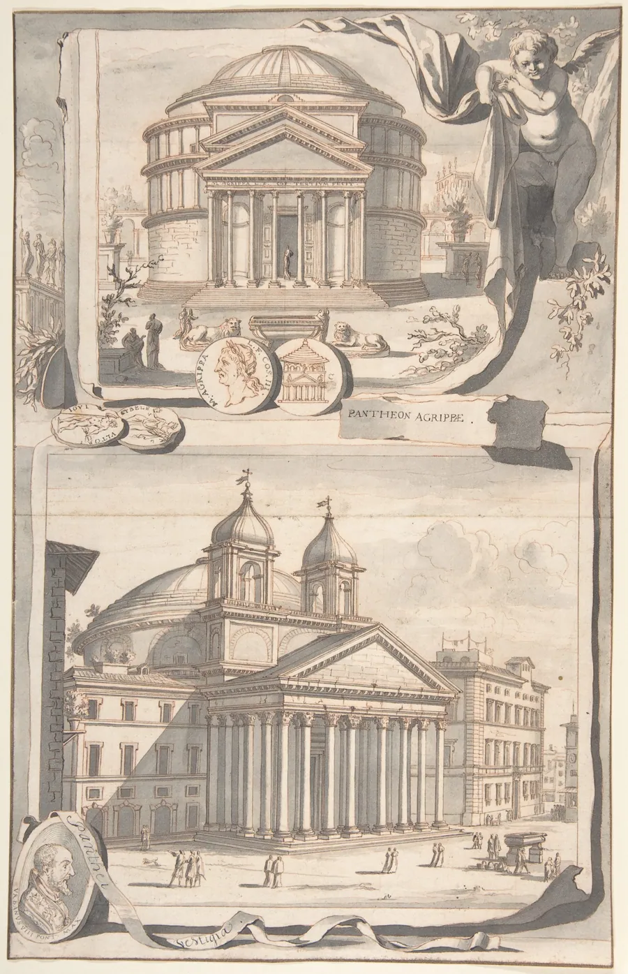 A Reconstuction of the Pantheon (above) and a View of its Appearance Around 1700 (below) by Jan Goeree