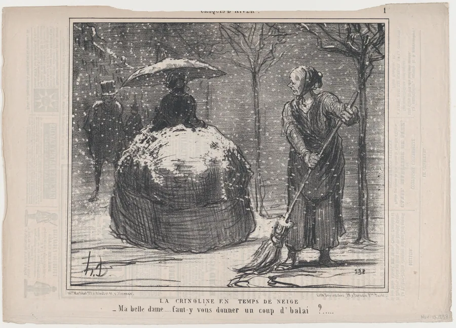 La crinoline en temps de neige, from Croquis d'Hiver, published in Le Charivari, November 13, 1858 by Aaron Martinet