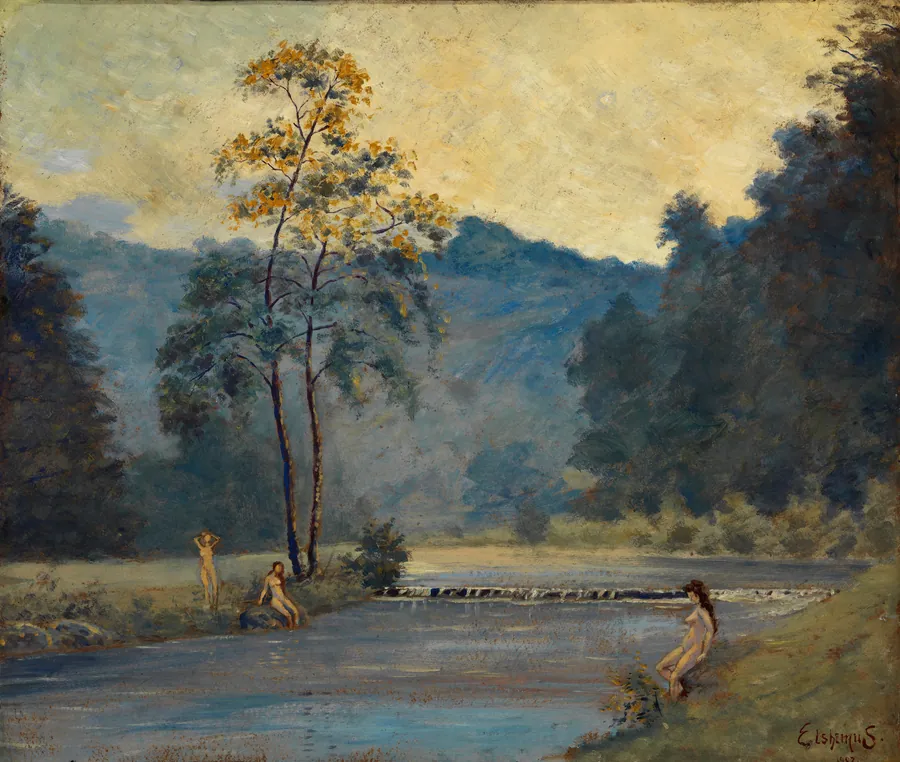Three Girls and River by Louis M. Eilshemius, born Arlington, NJ 1864-died New York City 1941