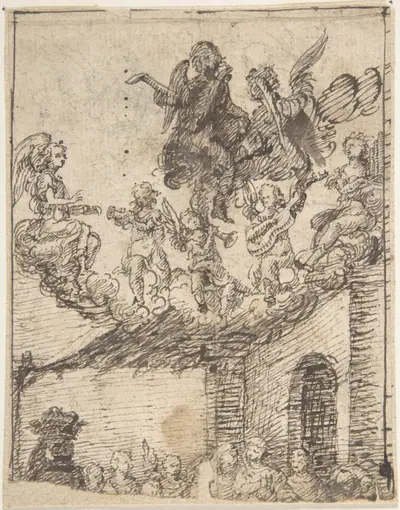 Fragment of Nativity Scene with Music-Making Angels on Clouds Above