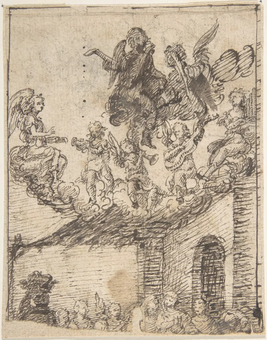 Fragment of Nativity Scene with Music-Making Angels on Clouds Above by Anonymous, Spanish, School of Seville, 17th century