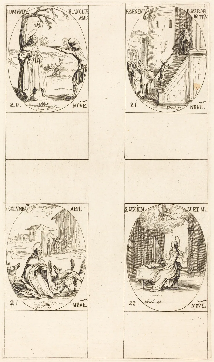 Edmund, King of England, Martyr; Presentation of the Virgin; St. Columban; St. Cecelia by Jacques Callot