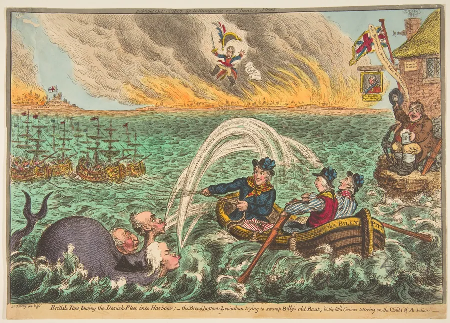 British Tars Towing the Danish Fleet into Harbour; the Broad-Bottom Leviathan trying Billy's Old Boat, and the Little Corsican tottering on the Clouds of Ambition by James Gillray