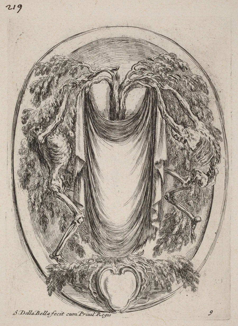 Cartouche in the Form of a Drape Suspended from a Cypress Flanked by Skeletons by Stefano Della Bella