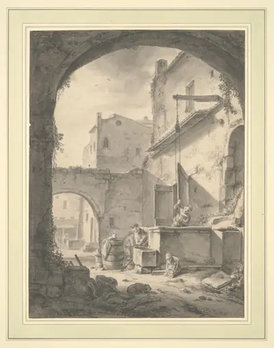 View into a Courtyard with a Family at a Well