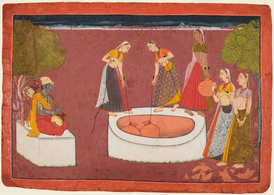 Madhava plays his vina before five women drawing water from a well, folio 3 from a Madhavanala-Kamakandala