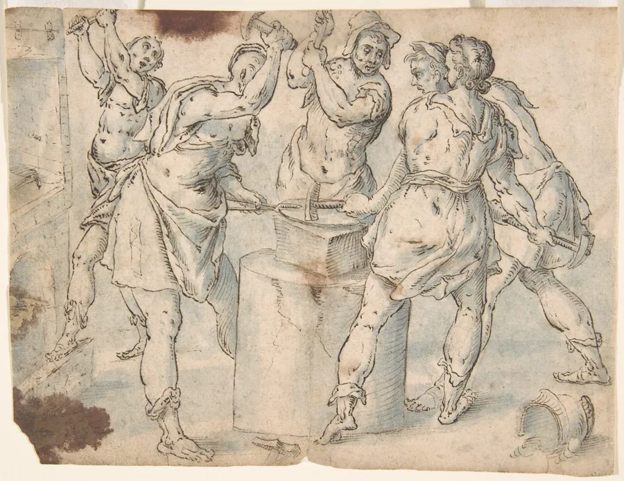 Five Men Around an Anvil, verso: Figures in a Wood (The Preaching of Saint John the Baptist?) by Anonymous, Netherlandish, 16th century