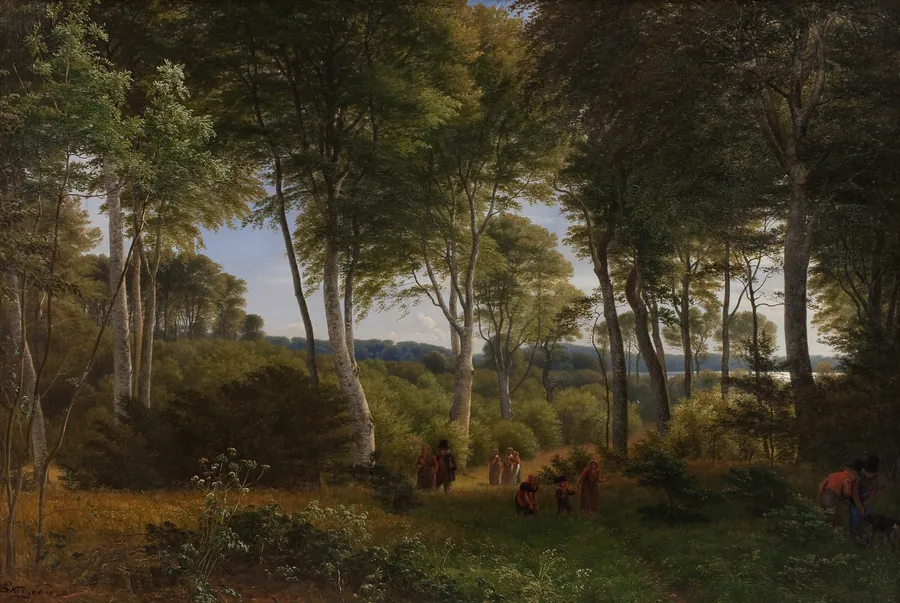 Parti af Delhoved Skov ved Skarre Sø. Eftermiddagsbelysning by P.C. Skovgaard