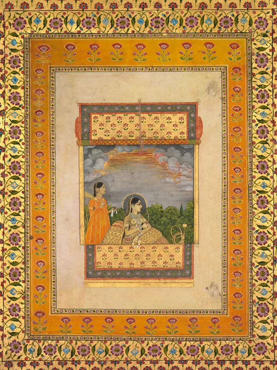 Princess and attendant in trompe l’oeil window by Aqil Khan