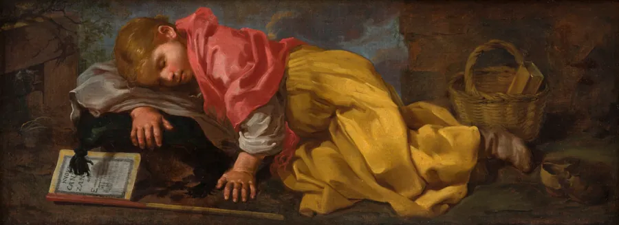 Sovende pige (dreng?) med sangbog by Bernardo Eberhart Keilhau