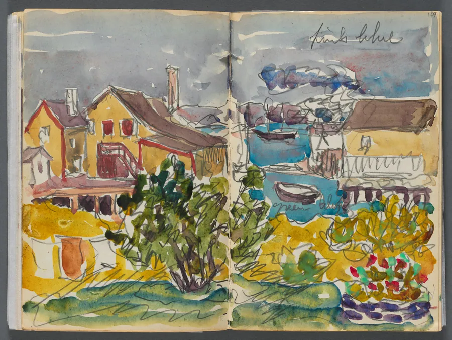 Sketchbook- The Granite Shore Hotel, Rockport, page 128 & 129: Houses on the Harbor by Maurice Prendergast