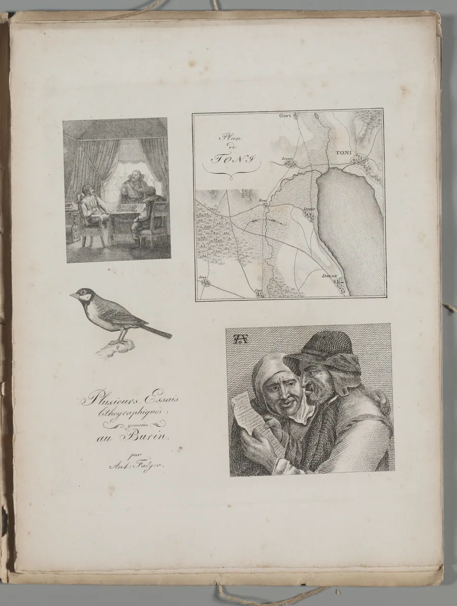 Art of the Lithograph: Four Engraving Samples, War Tent, Map of Toni, Bird, Dutch Farmer and Woman by Alois Senefelder
