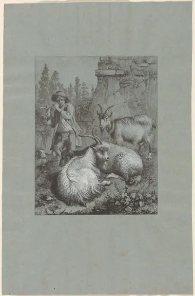 Shepherd Playing a Flute with Goats