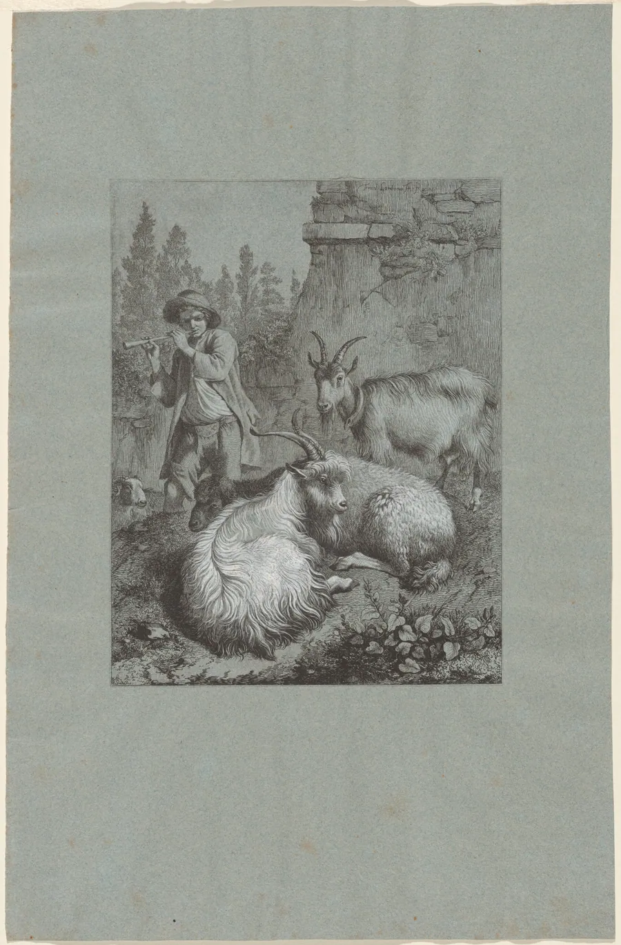 Shepherd Playing a Flute with Goats by Francesco Londonio