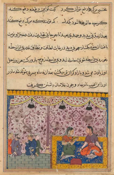 The merchant’s daughter gives birth to a son as a result of eating out of the box. The clever child recognizes the false gems from true, from a Tuti-nama (Tales of a Parrot): Twenty-third Night