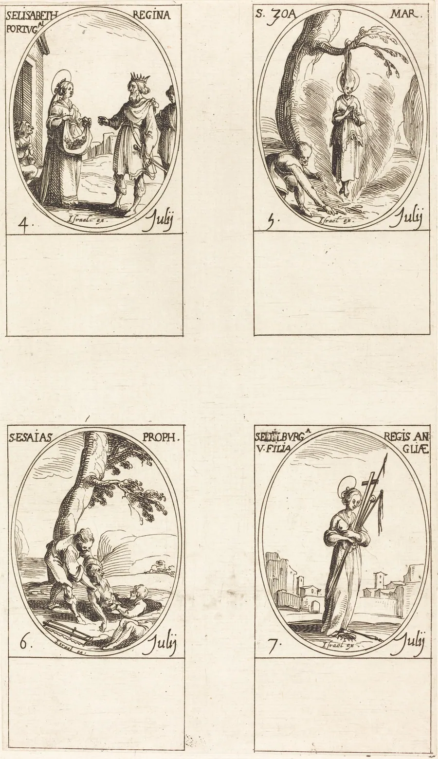 St. Elizabeth of Portugal; St. Zoe; St. Isaiah, Prophet; St. Edelburge by Jacques Callot