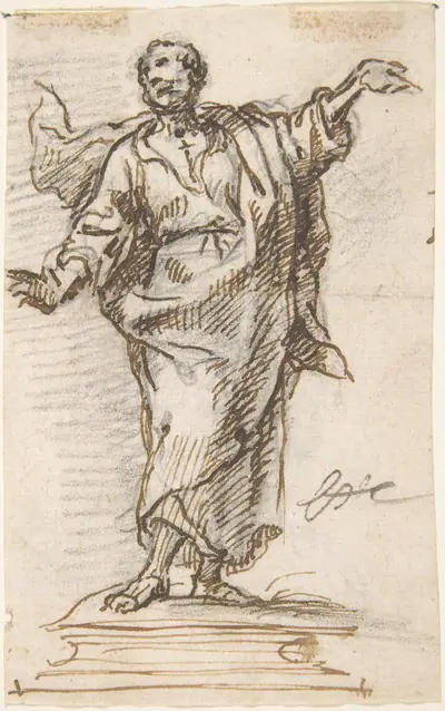 Male Saint (an Apostle?) Standing on a Pedestal with Arms Extended (recto); Standing or Kneeling Male Saint (verso)
