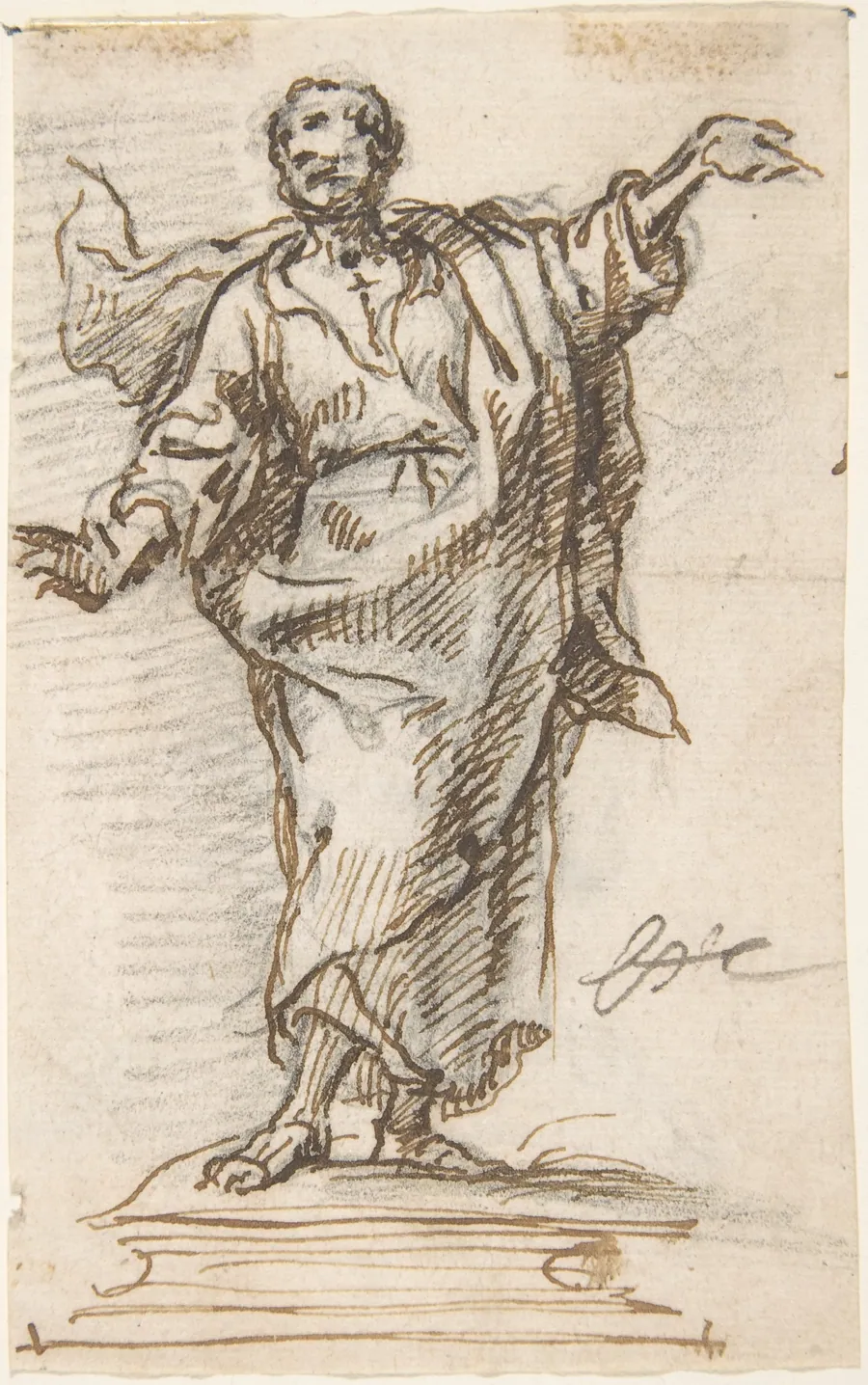 Male Saint (an Apostle?) Standing on a Pedestal with Arms Extended (recto); Standing or Kneeling Male Saint (verso) by Anonymous, Spanish, School of Seville, 17th century