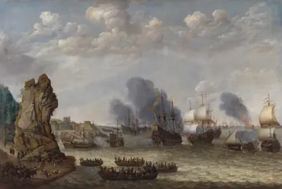 Kamp ved en kyst mellem spaniere og hollændere, der gør landgang