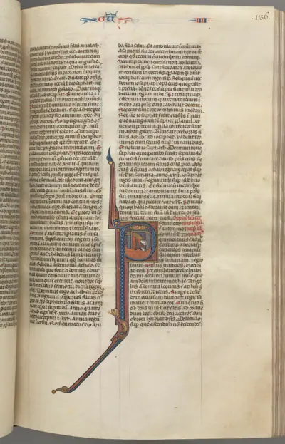 Fol. 136r, Kings IV, historiated initial P, Ahaziah falling from a tower