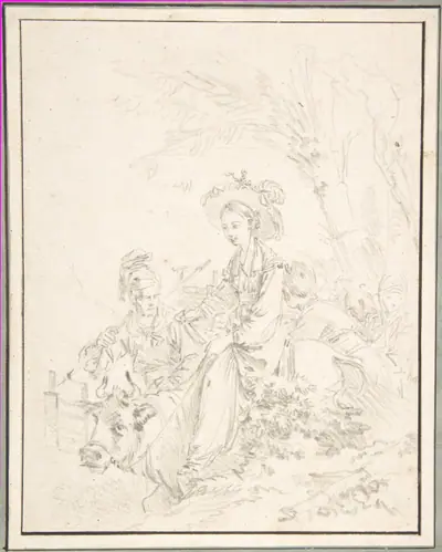 Peasant Girl Riding an Ox with Companions