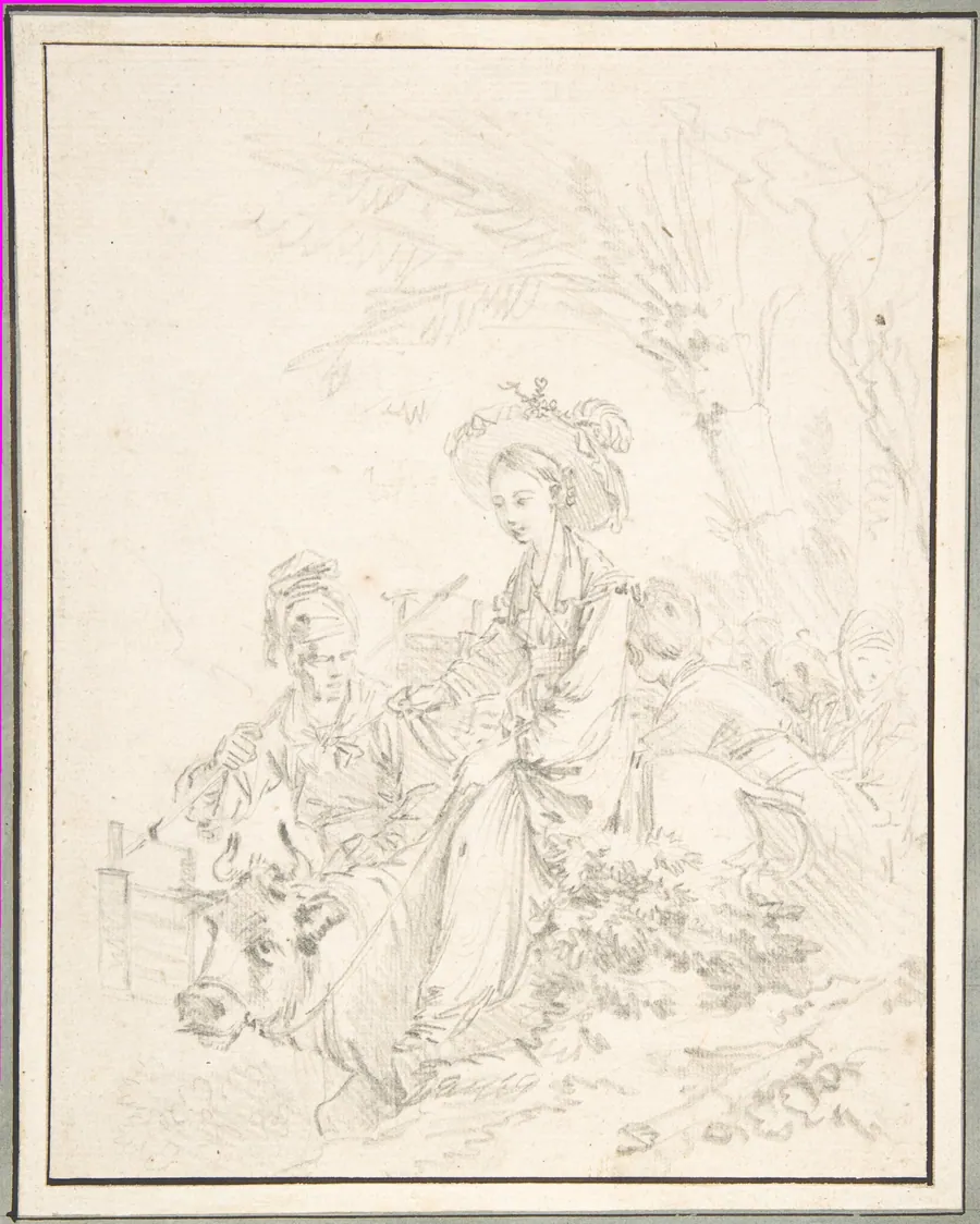 Peasant Girl Riding an Ox with Companions by François Boucher